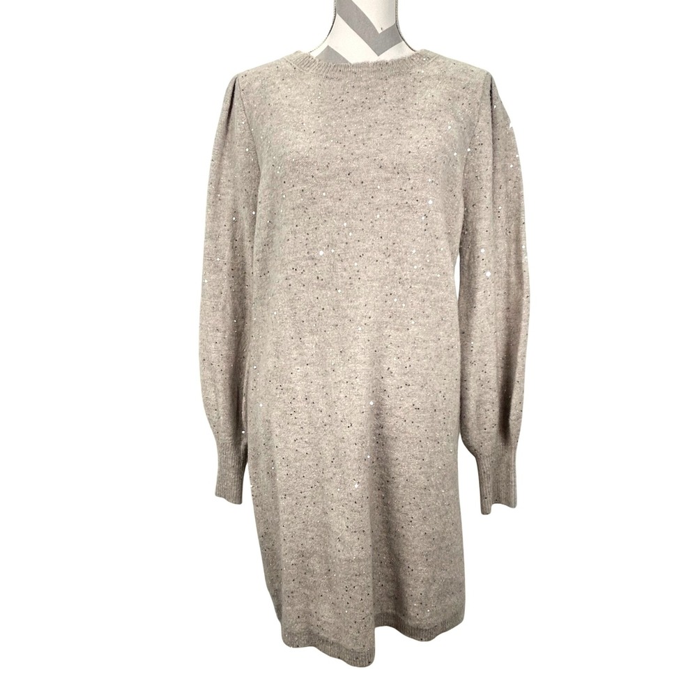 FatFace Womens Light Natural Sequined Puff Sleeve‎ Knit Sweater Dress US 10R